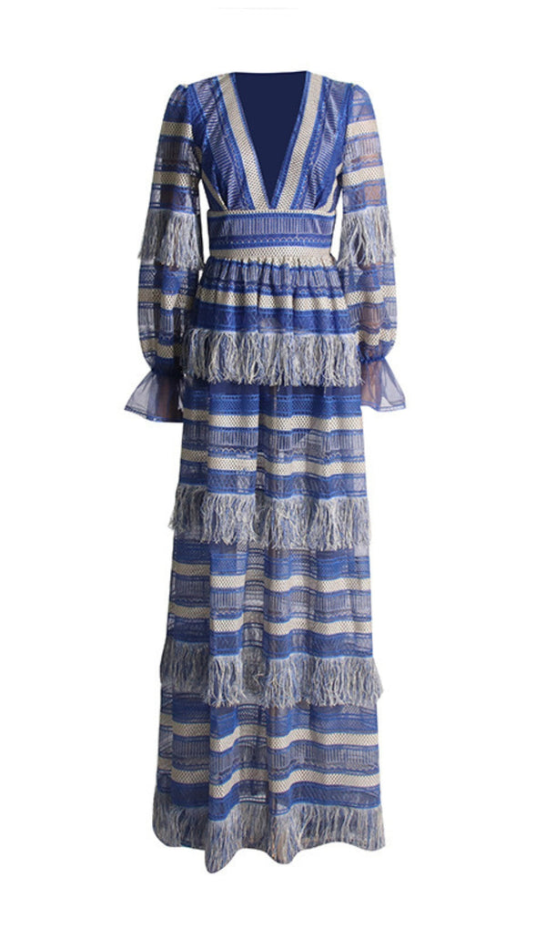 DEEP V TASSEL BLOUSON SLEEVES MAXI DRESS IN BLUE