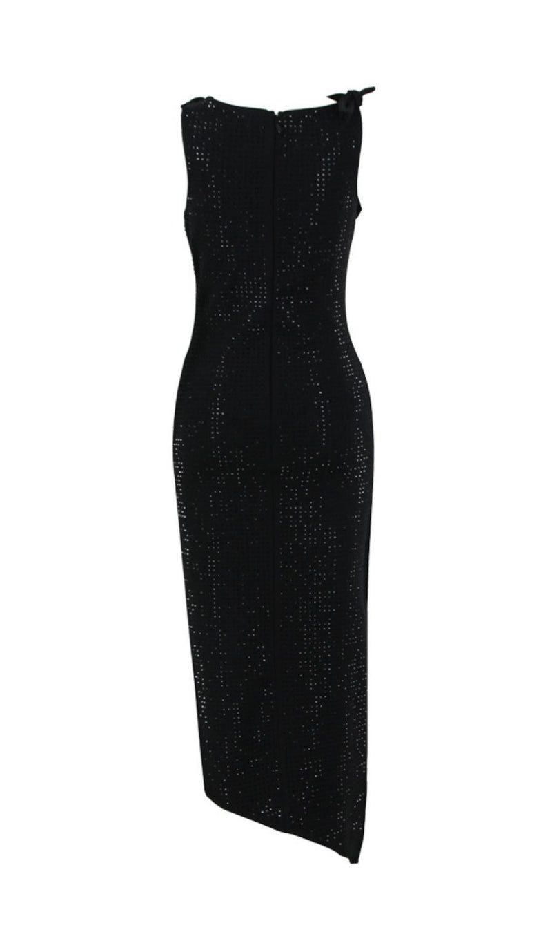 BLACK FLOWER EMBELLISHED SPARKLY MIDI DRESS