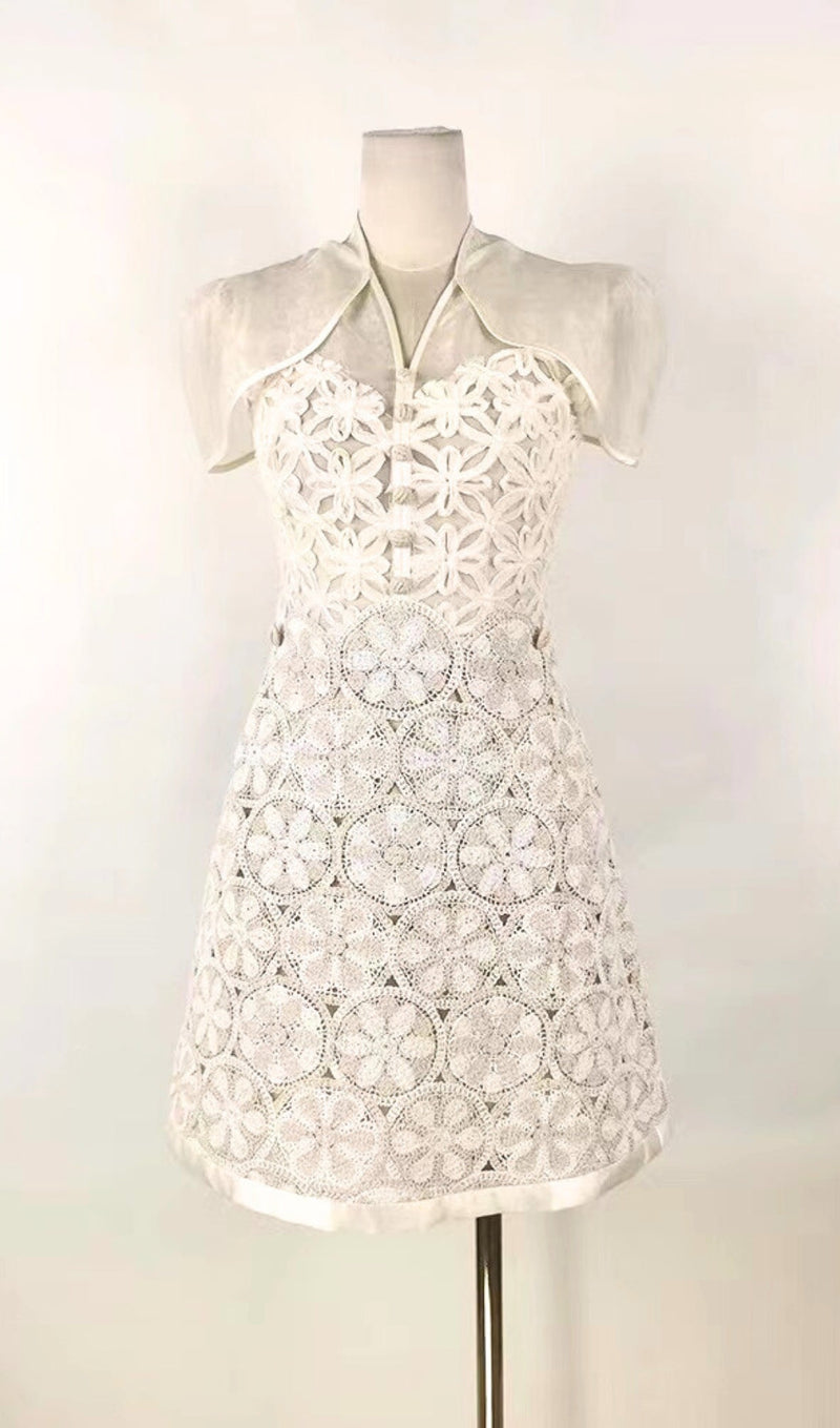 WHITE SHAWL-DESIGN LACE MINI DRESS