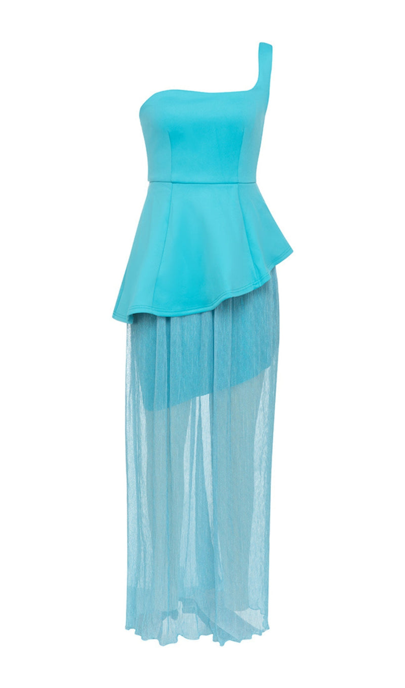 ONE SHOULDER BODYCON RUFFLED MESH BLUE PLEATED MIDI DRESS