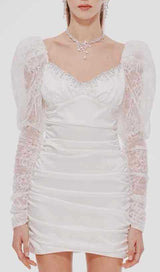 PLEATED DRESS WITH LACE PUFFED SLEEVES IN WHITE-Oh CICI SHOP