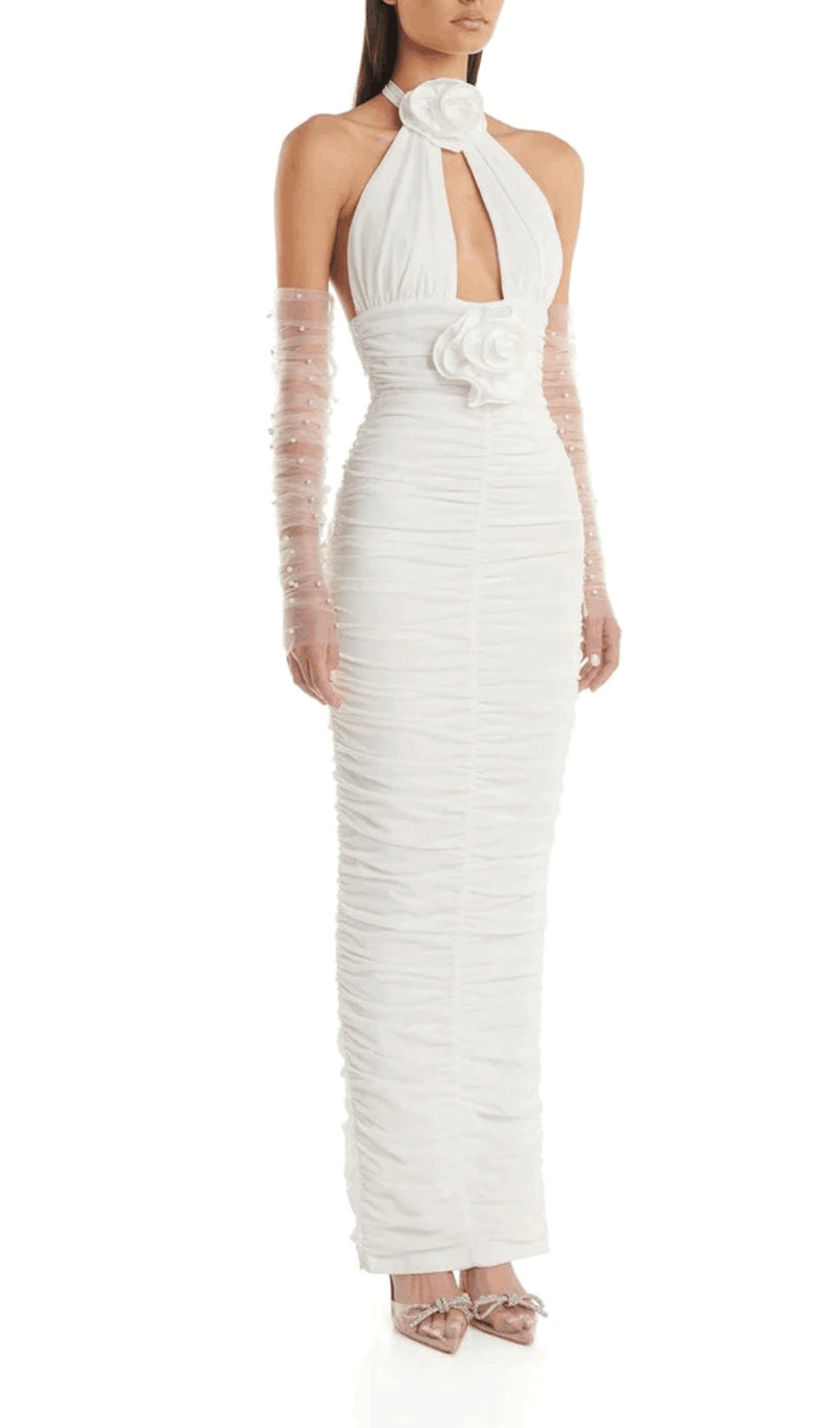 WHITE 3D FLORAL CIRCLE NECK BANDAGE MAXI DRESS