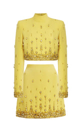 YELLOW HEAVY INDUSTRY CRYSTAL BEADS SET SEXY SHORT TOP & DRESS