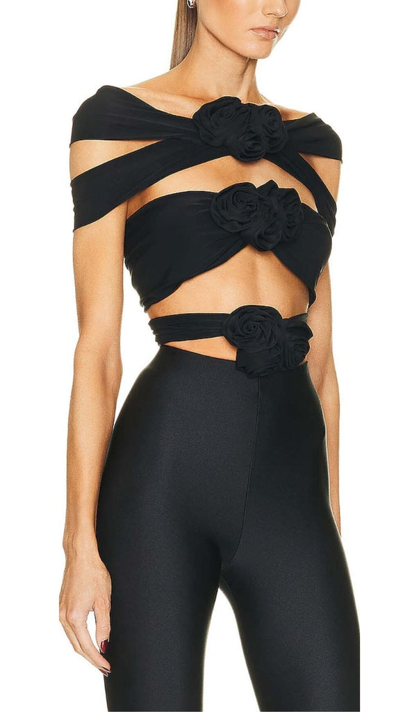 3D FLOWER-EMBELLISHED JUMPSUIT IN BLACK styleofcb 