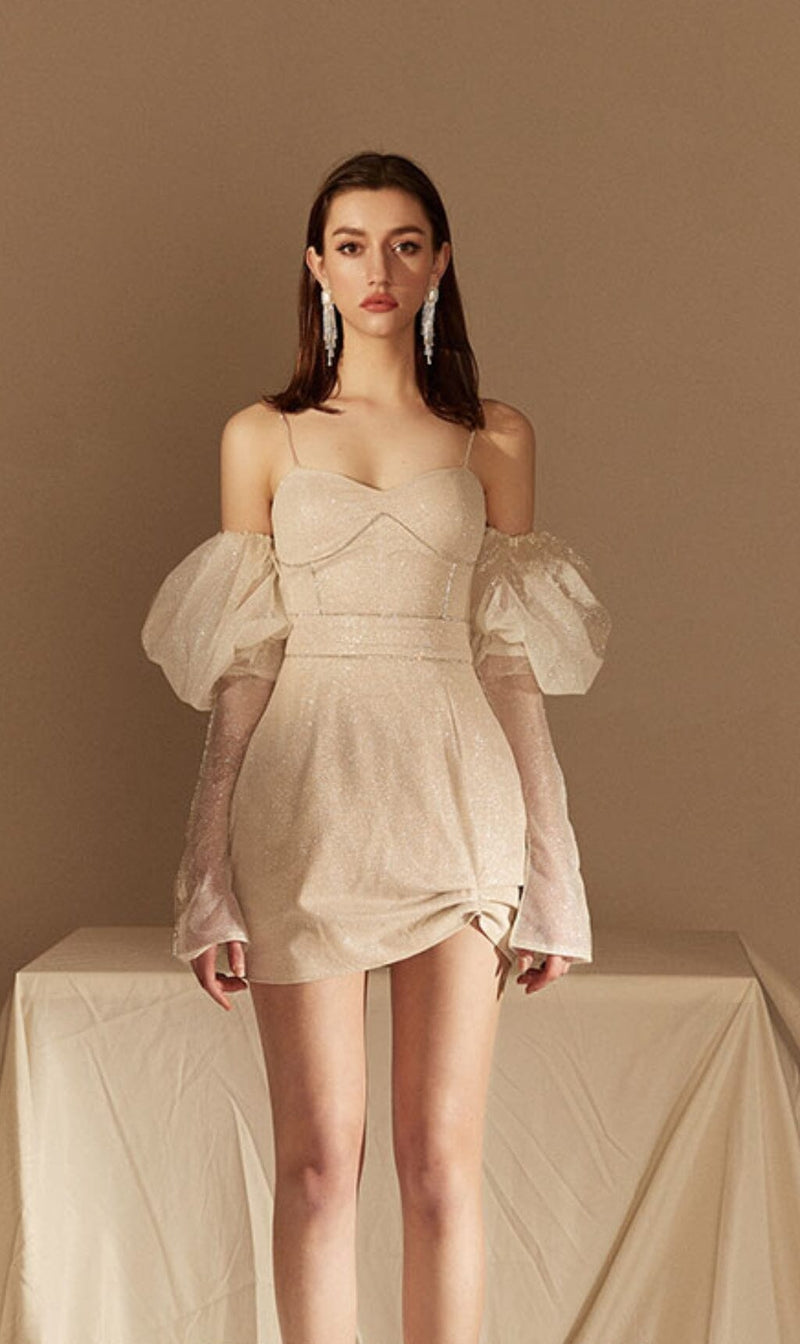 STRAPLESS BUBBLE SLEEVE DRESS IN BEIGE styleofcb 