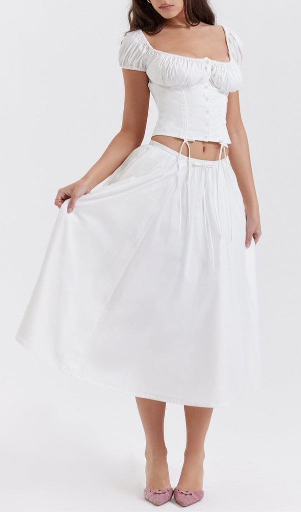 WHITE GATHERED MIDI SET DRESS STYLE OF CB 