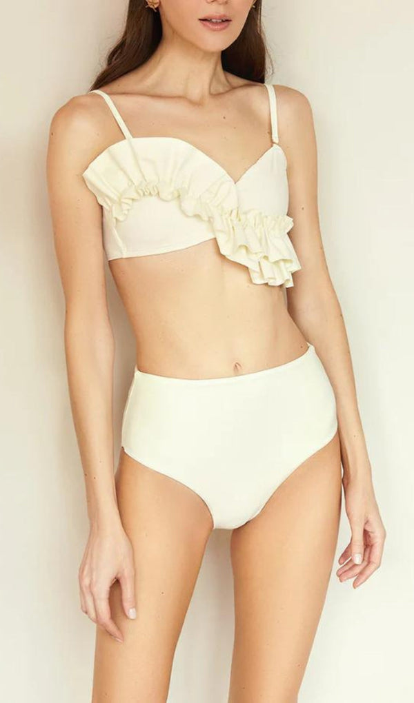 WHITE RUFFLE DETAIL HIGH WAIST BIKINI SWIMSUIT