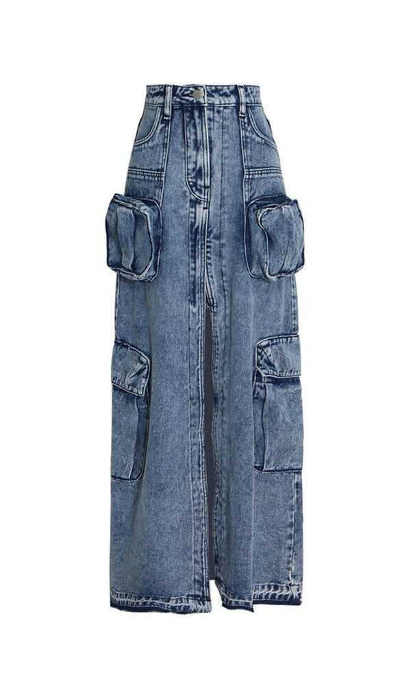 POCKET SPLIT DENIM SKIRT IN BLUE Skirts Oh CICI 