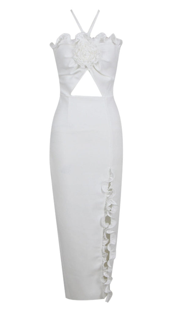 FLORAL EMBELLISHED SLIT MIDI DRESS IN WHITE DRESS STYLE OF CB 