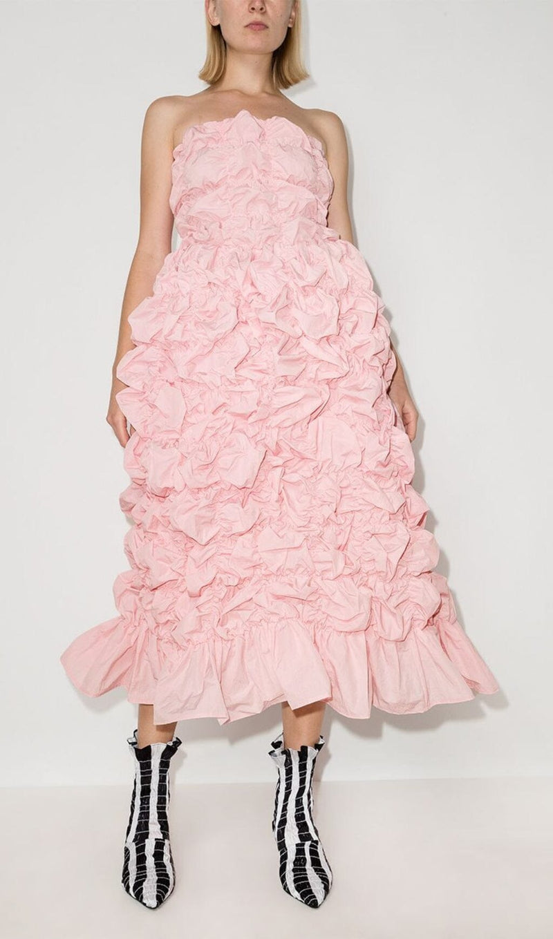 FOLDING RUFFLED MIDI DRESS IN PINK DRESS styleofcb 