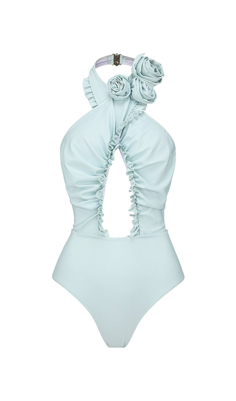 COSTUME DA BAGNO INTERO CON FIORE 3D BLU HALTER E SARONG