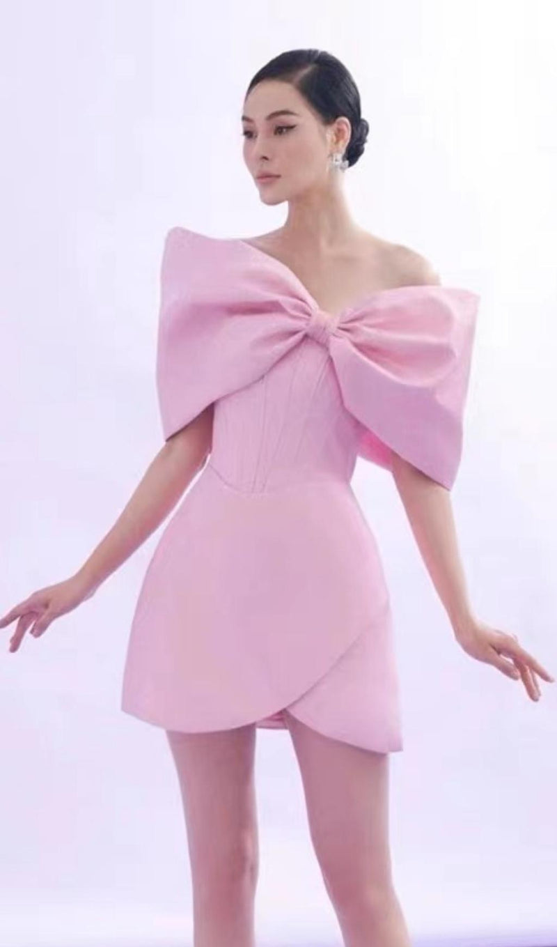 PINK OFF SHOULDER BOWKNOT MINI CORSET DRESS