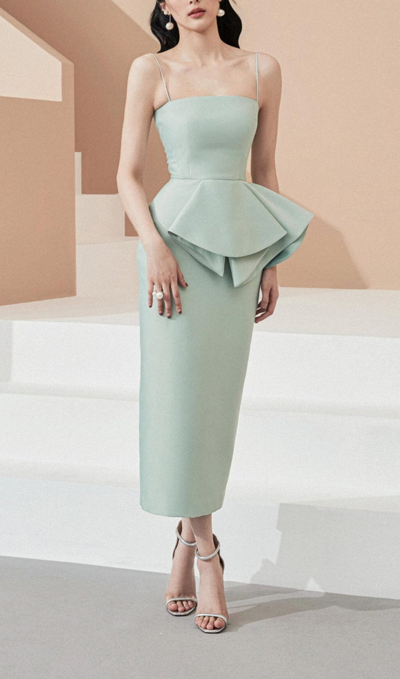 RUFFLE HIP WRAP MIDI DRESS IN MINT GREEN DRESS STYLE OF CB 