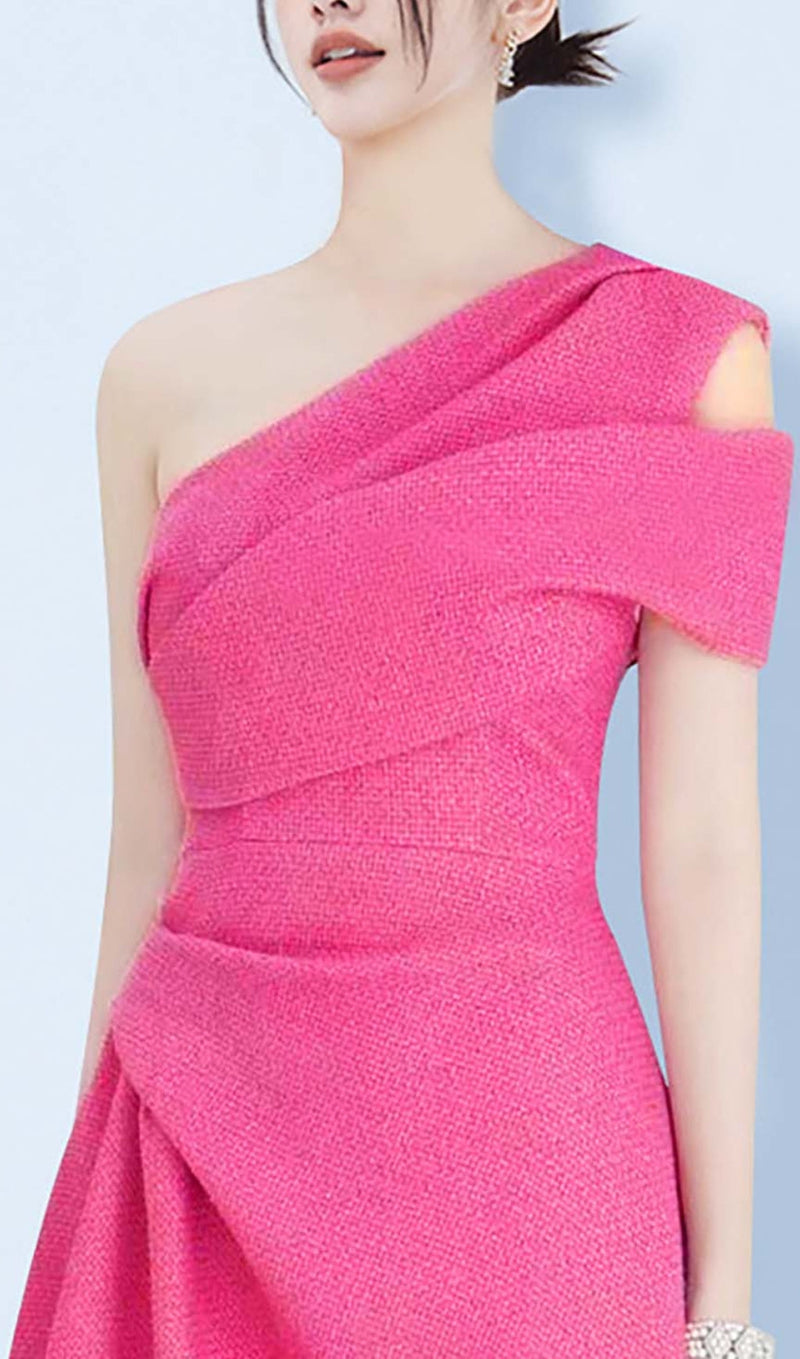 IRREGULAR ONE-SHOULDER MIDI DRESS IN HOT PINK