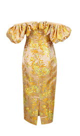 JACQUARD OFF SHOULDER MIDI DRESS IN YELLOW styleofcb 