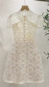 WHITE SHAWL-DESIGN LACE MINI DRESS