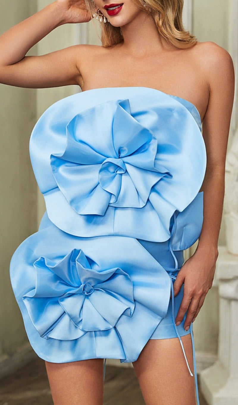 BLUE FLOWER STRAPLESS BIND MINI DRESS