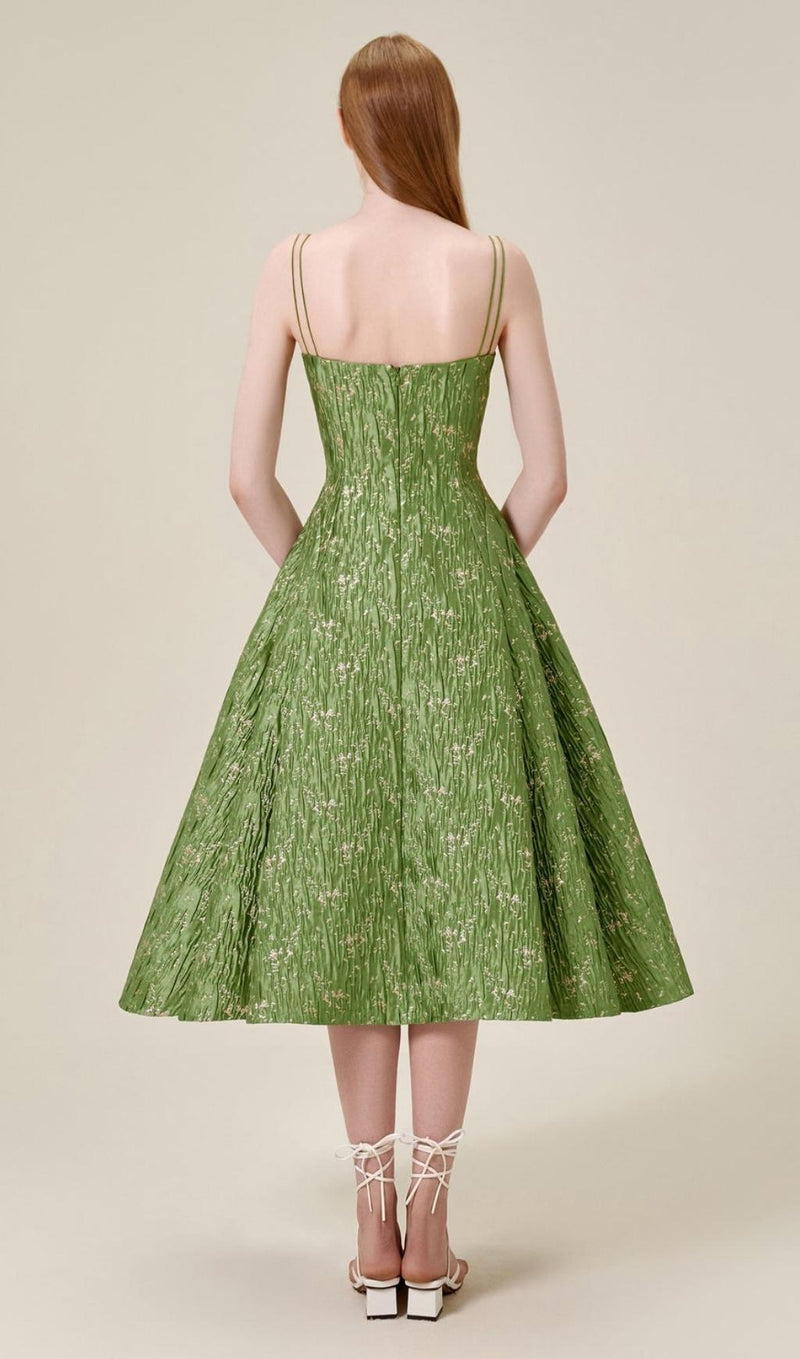 VINTAGE GREEN SUSPENDER JACQUARD MIDI DRESS