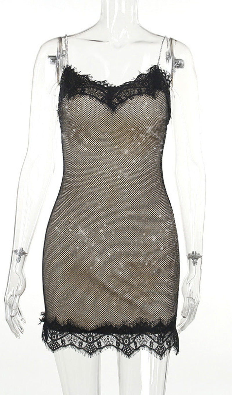 LACE PATCHWORK HOLLOW DIAMOND MINI DRESS