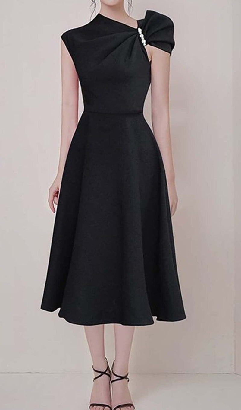 ASYMMETRIC SLEEVE PEARLS MIDI DRESS IN BLACK DRESS STYLE OF CB 