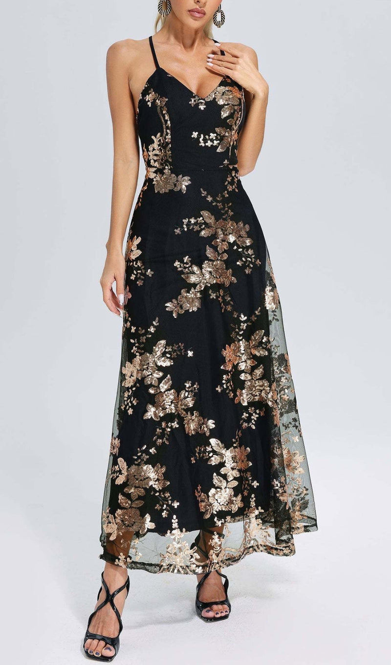 BLACK SEQUIN FLOWER MESH DRESS