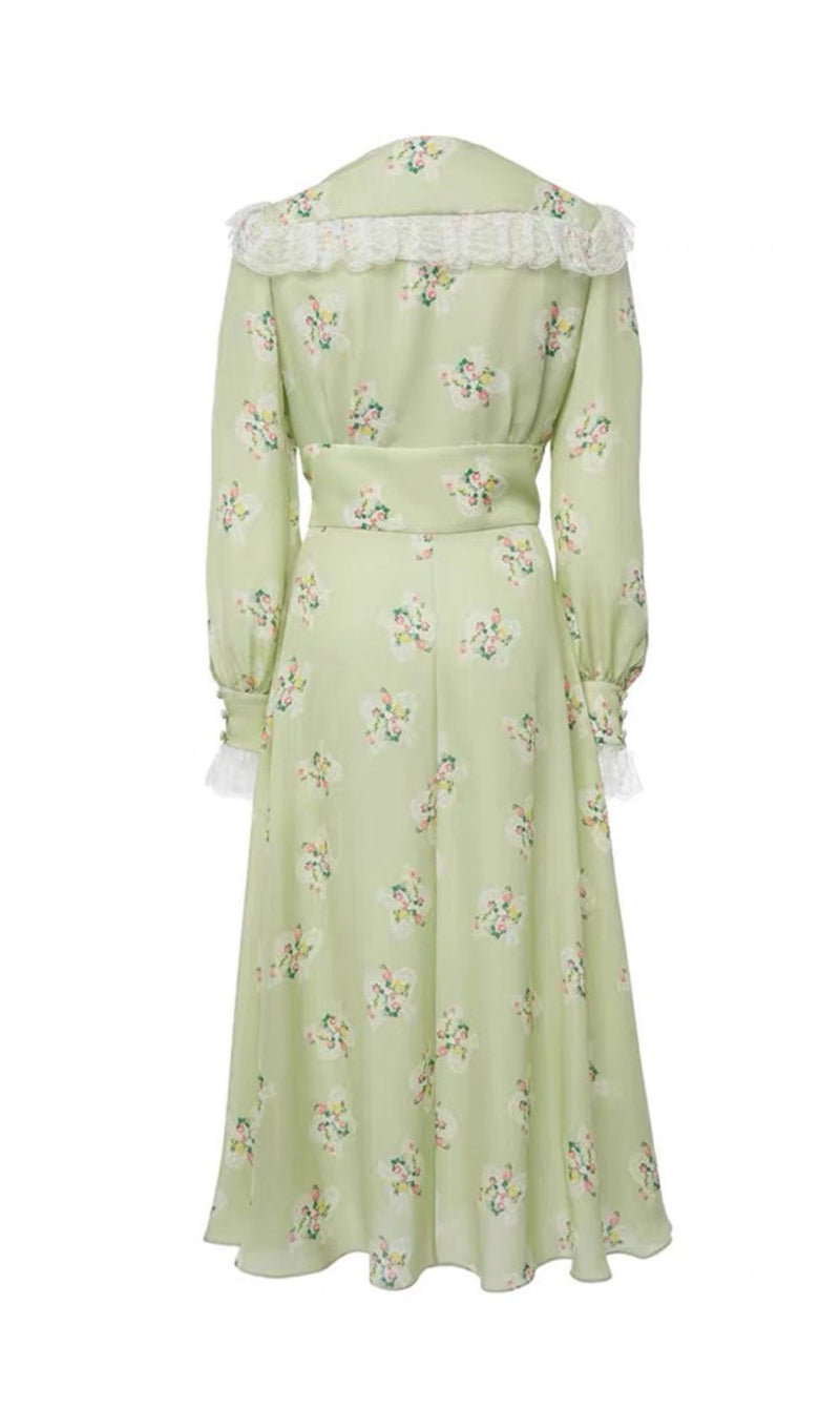 LIGHT GREEN V NECK FLORAL SILK MIDI DRESS