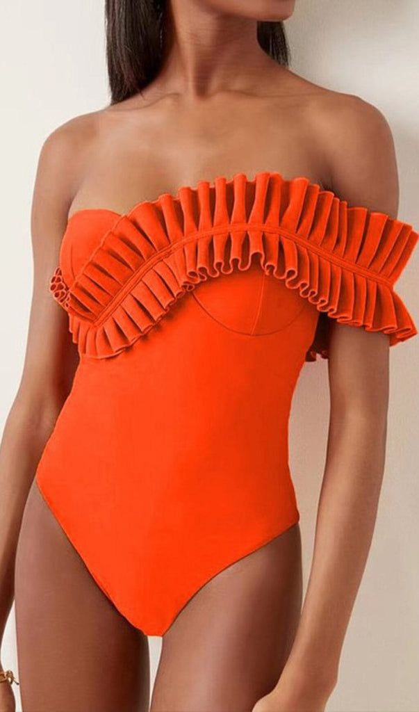 ONE SHOULDER RUFFLE ONE PIECE ORANGE SWIMSUIT styleofcb 