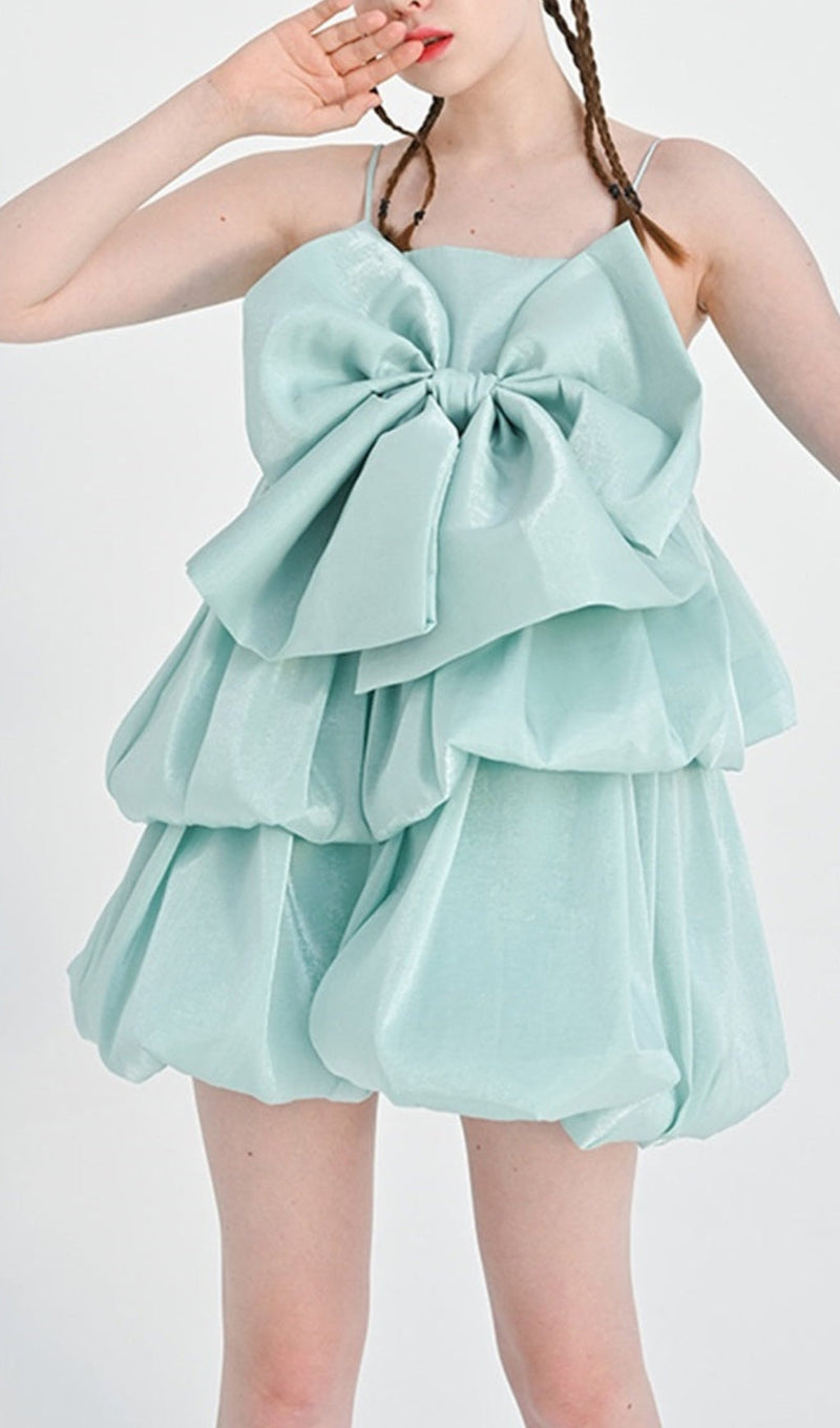 SATIN STRAPPY HEM DRESS IN MINT GREEN