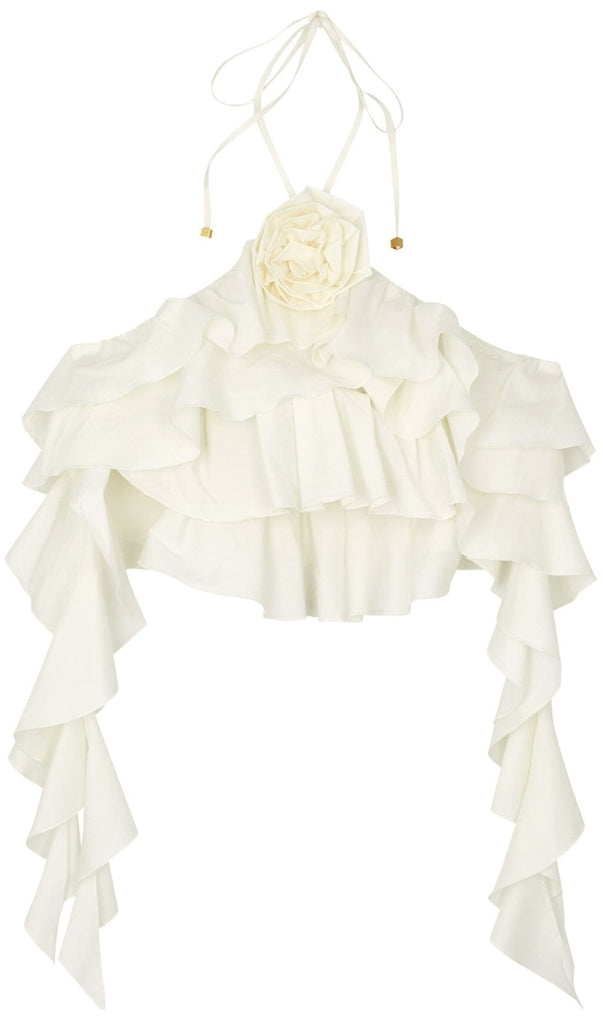 RUFFLE-DETAIL HALTER CROP TOP IN WHITE DRESS STYLE OF CB 