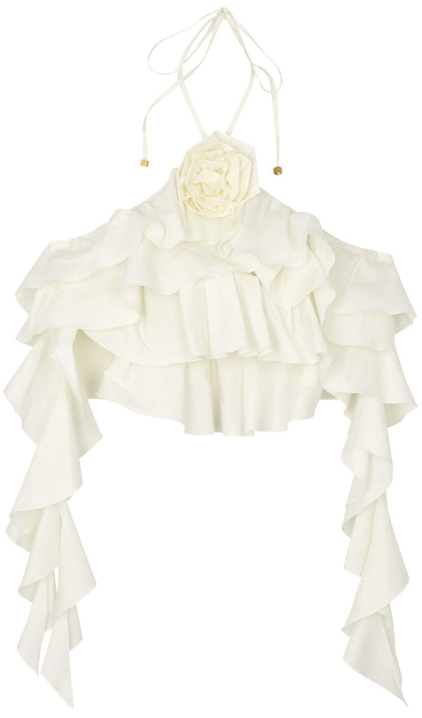 RUFFLE-DETAIL HALTER CROP TOP IN WHITE DRESS STYLE OF CB 