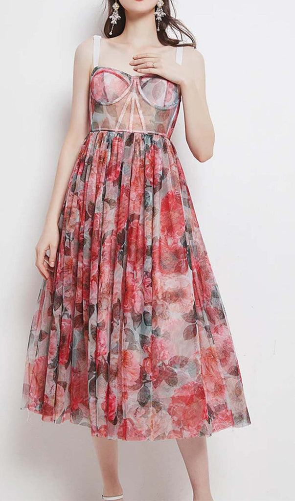 FLORAL-PRINT CORSET MIDI DRESS IN PINK DRESS STYLE OF CB 