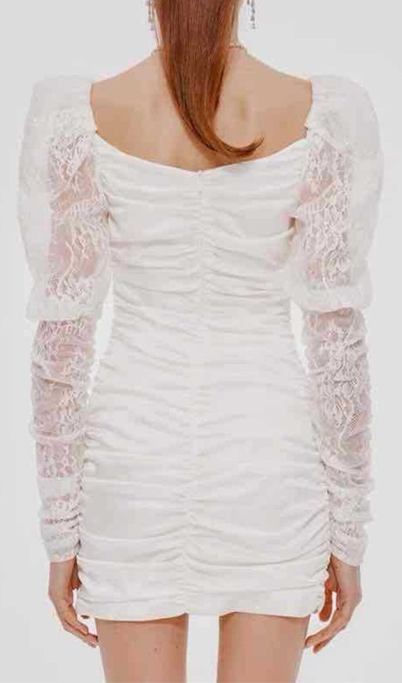 PLEATED DRESS WITH LACE PUFFED SLEEVES IN WHITE-Oh CICI SHOP