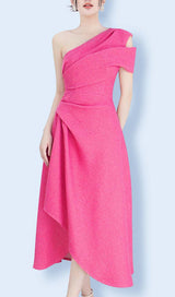 IRREGULAR ONE-SHOULDER MIDI DRESS IN HOT PINK