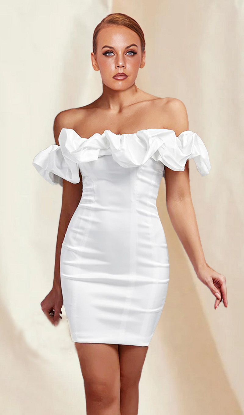 WHITE OFF SHOULDER FRILL MINI BODYCON DRESS