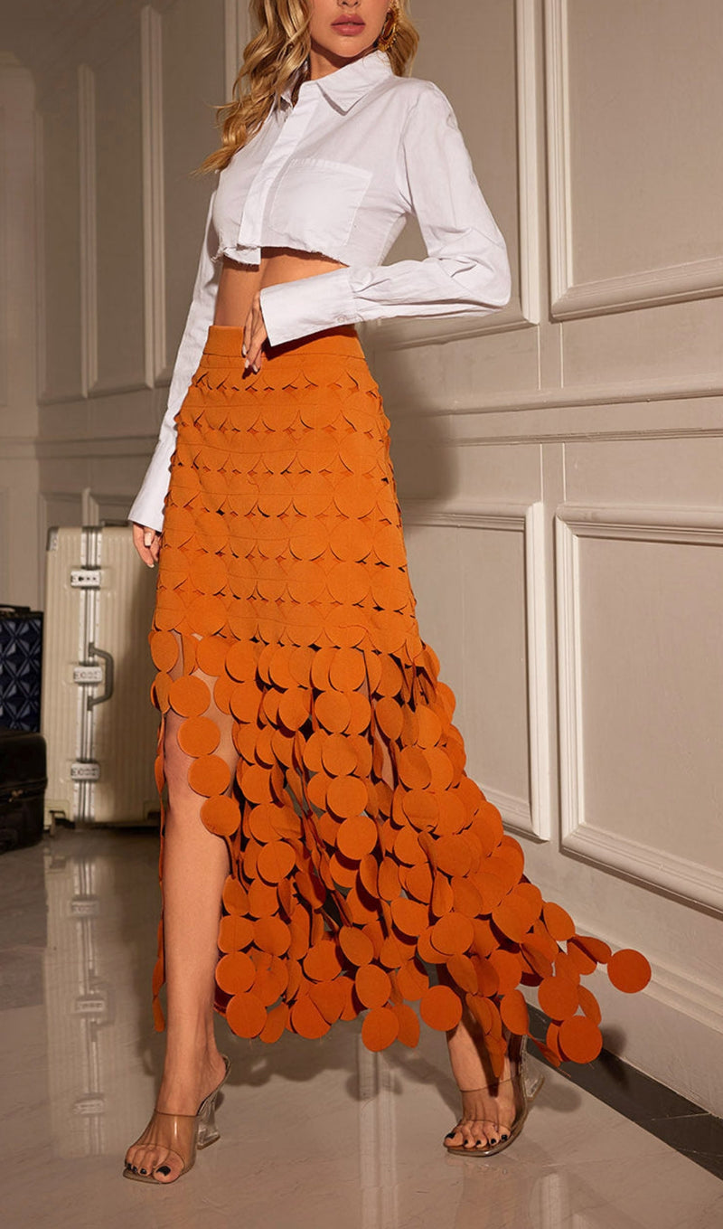 CIRCLE CUTOUT FRINGE SKIRT IN ORANGE