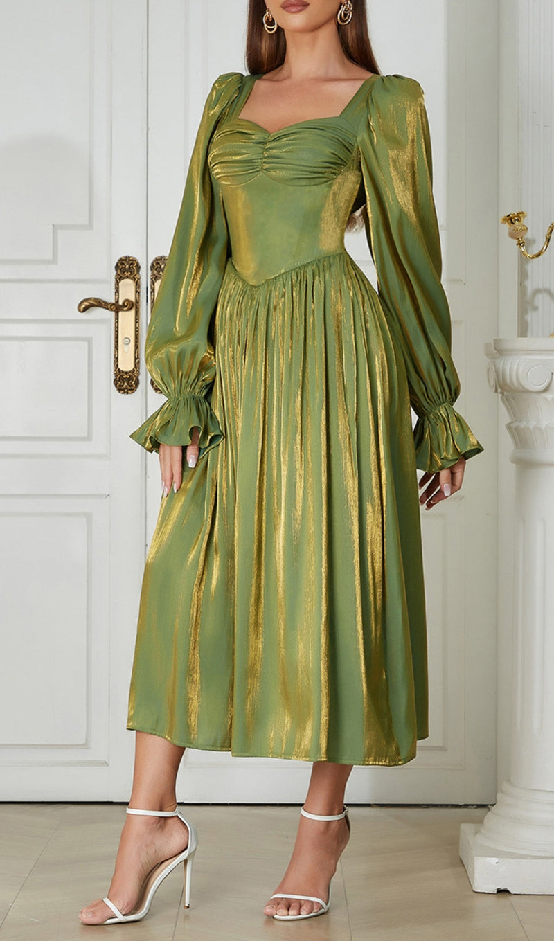 GREEN LOW-CUT PUFF SLEEVE PLEATED LOOSE DRESS