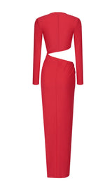 RED V-NECK LONG-SLEEVE SPLIT DRESS