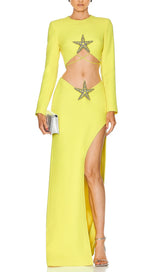 YELLOW BEADED STARFISH DIAMOND LONG SLEEVE HIGH WAISTED SPLIT SKIRT