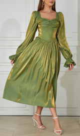 GREEN LOW-CUT PUFF SLEEVE PLEATED LOOSE DRESS