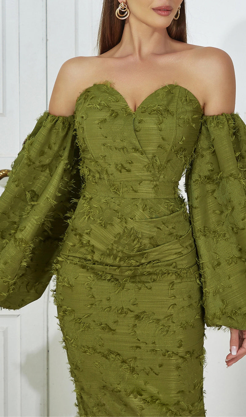 GREEN PUFF SLEEVE TIGHT SPLIT DRESS