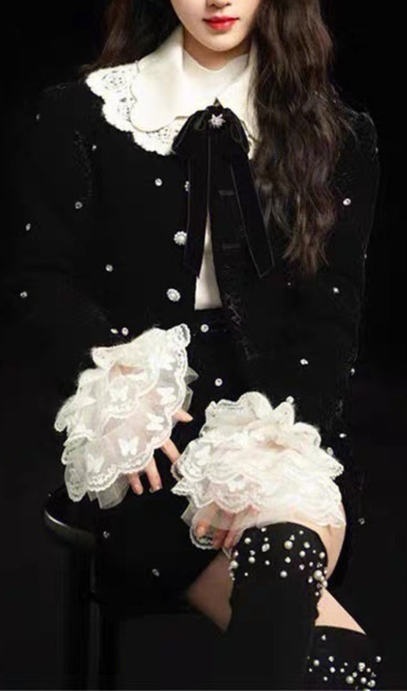 STARRY VELVET RHINESTONE LACE TRUMPET SLEEVE SHORT COAT & SKIRT SUIT