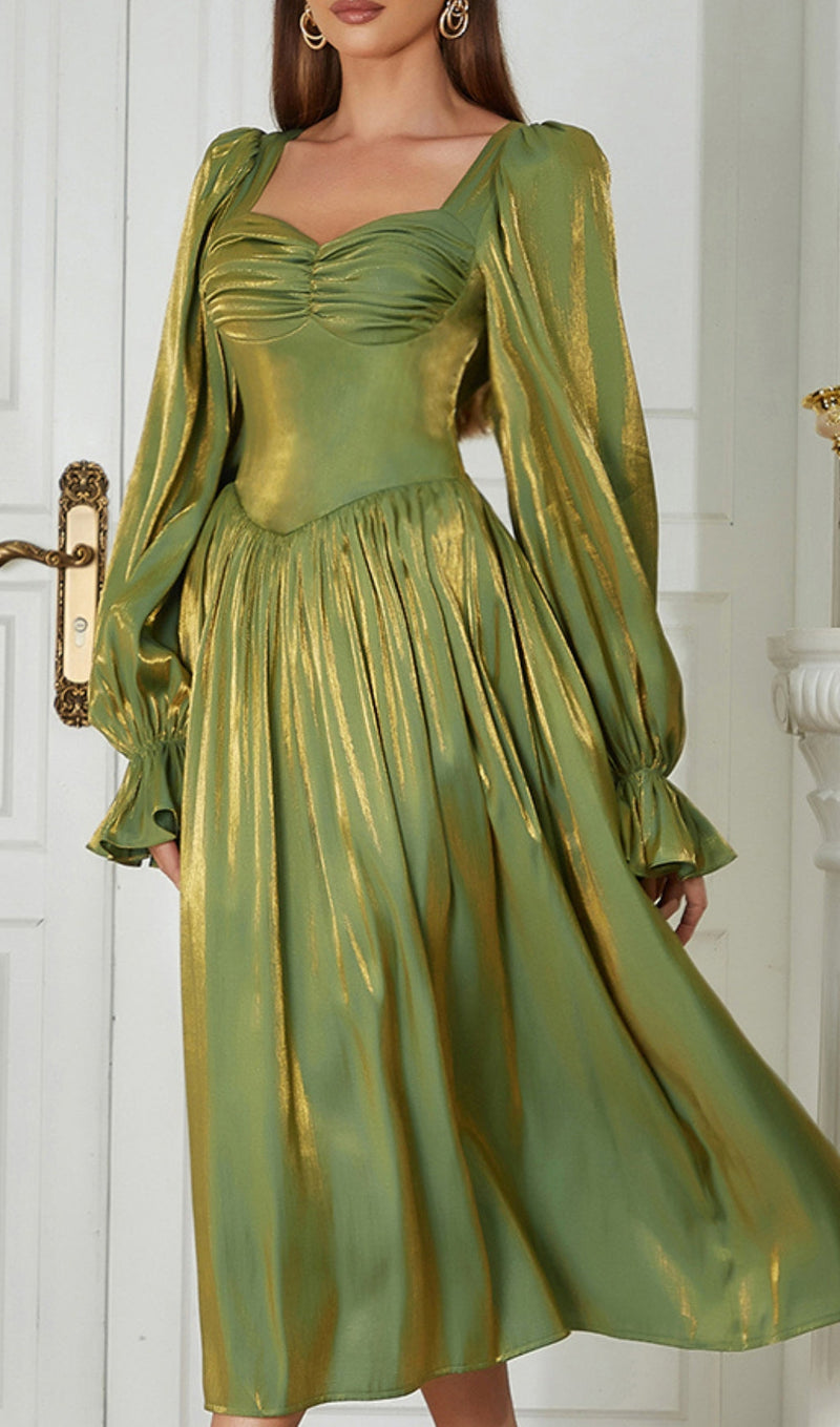 GREEN LOW-CUT PUFF SLEEVE PLEATED LOOSE DRESS