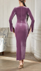 PURPLE THIN TRUMPET LONG-SLEEVED SLIM SLIT DRESS