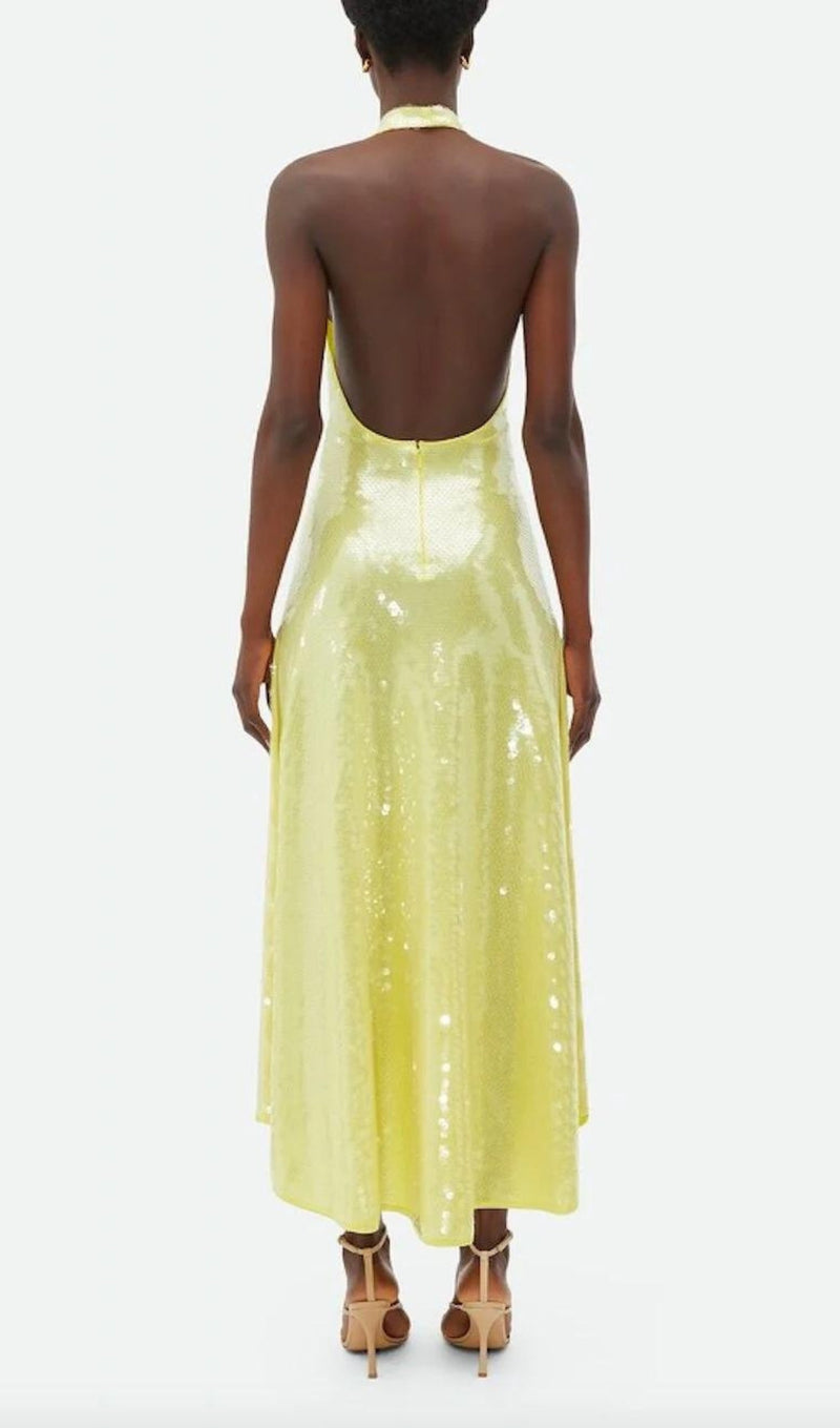 SEQUIN HALTER NECK A-LINE BACKLESS MIDI DRESS