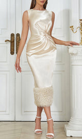 APRICOT SLEEVELESS PLEATED FEATHER HIP DRESS