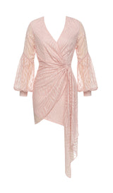 PINK SEXY V-NECK LONG-SLEEVED RUFFLE DRESS