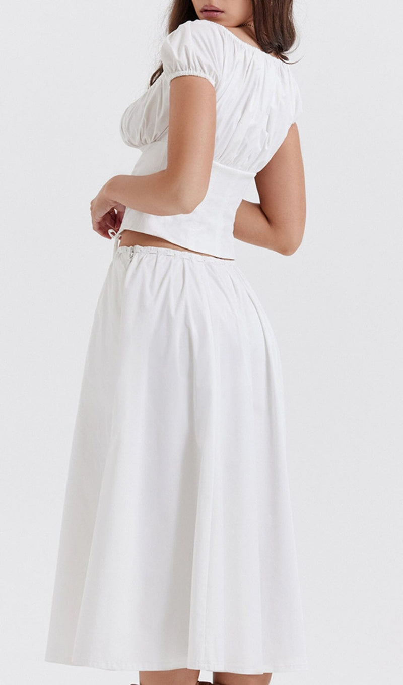 WHITE GATHERED MIDI SET DRESS STYLE OF CB 