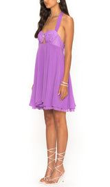 PLEATED HALTER MINI DRESS IN PURPLE