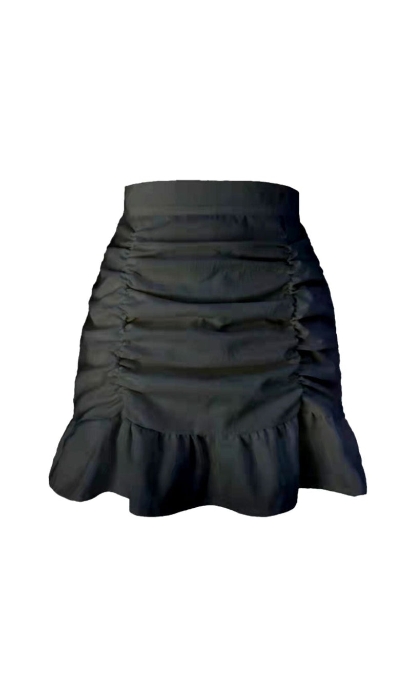 BLACK RUFFLE PLEATED MINI SKIRT