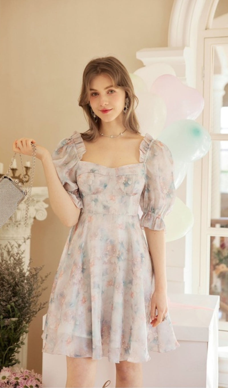 FLORAL PRINT PUFF SLEEVE DRESS